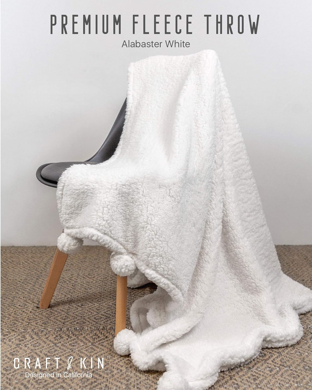 Craft and Kin Plush Blanket | Fleece Blanket White Plush Blanket | Throw Blanket Perfect Blankets and Throws | Ideal Fluffy Blanket Couch Blanket and Bed Blanket (White Pom Pom)