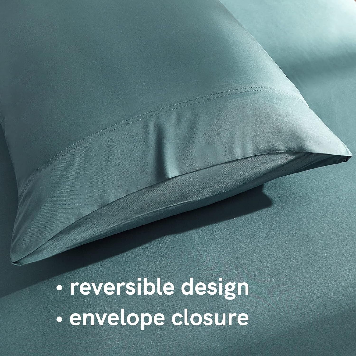 Cooling Bed Sheet Set with 100 Percent Rayon Derived from Bamboo, 400TC Fabric with 2 Pillowcases and Flat Sheet, Deep Pocket Fit 19'', Silky-Soft & Sweat Wicking, 4 Piece (Queen, Sea Grass)