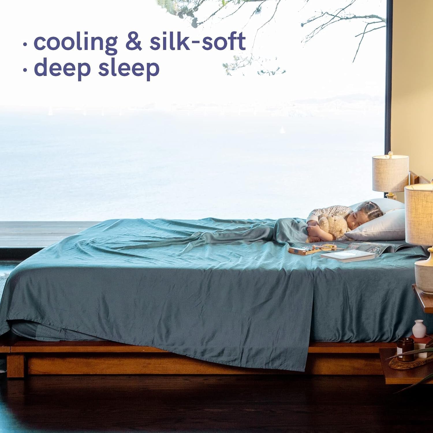 Cooling Bed Sheet Set with 100 Percent Rayon Derived from Bamboo, 400TC Fabric with 2 Pillowcases and Flat Sheet, Deep Pocket Fit 19'', Silky-Soft & Sweat Wicking, 4 Piece (Queen, Sea Grass)