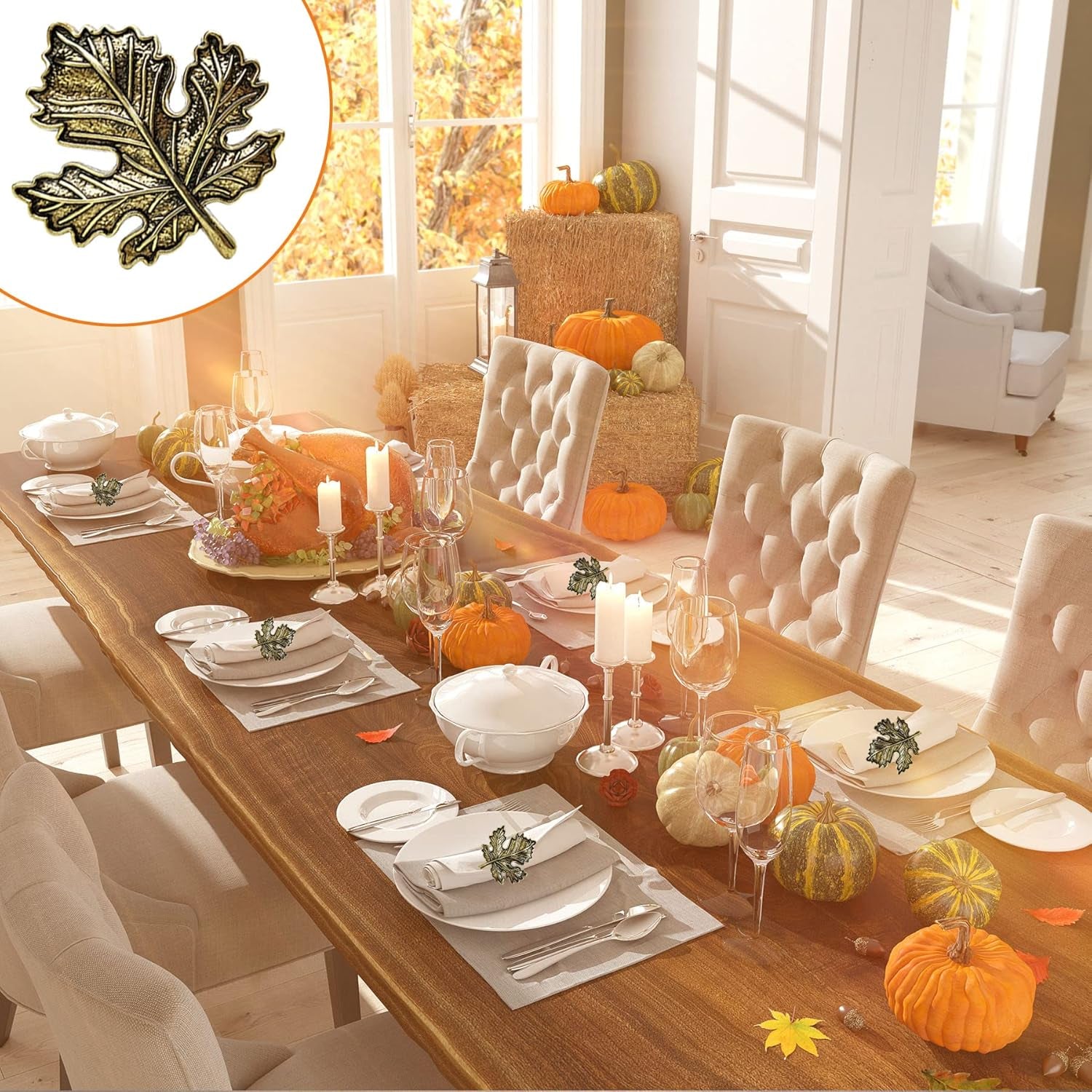 Set of 6 Maple Leaf Napkin Rings, Vintage Alloy Fall Napkin Rings Holder for Fall Thanksgiving Day Theme Party Autumn Table Decoration (6)