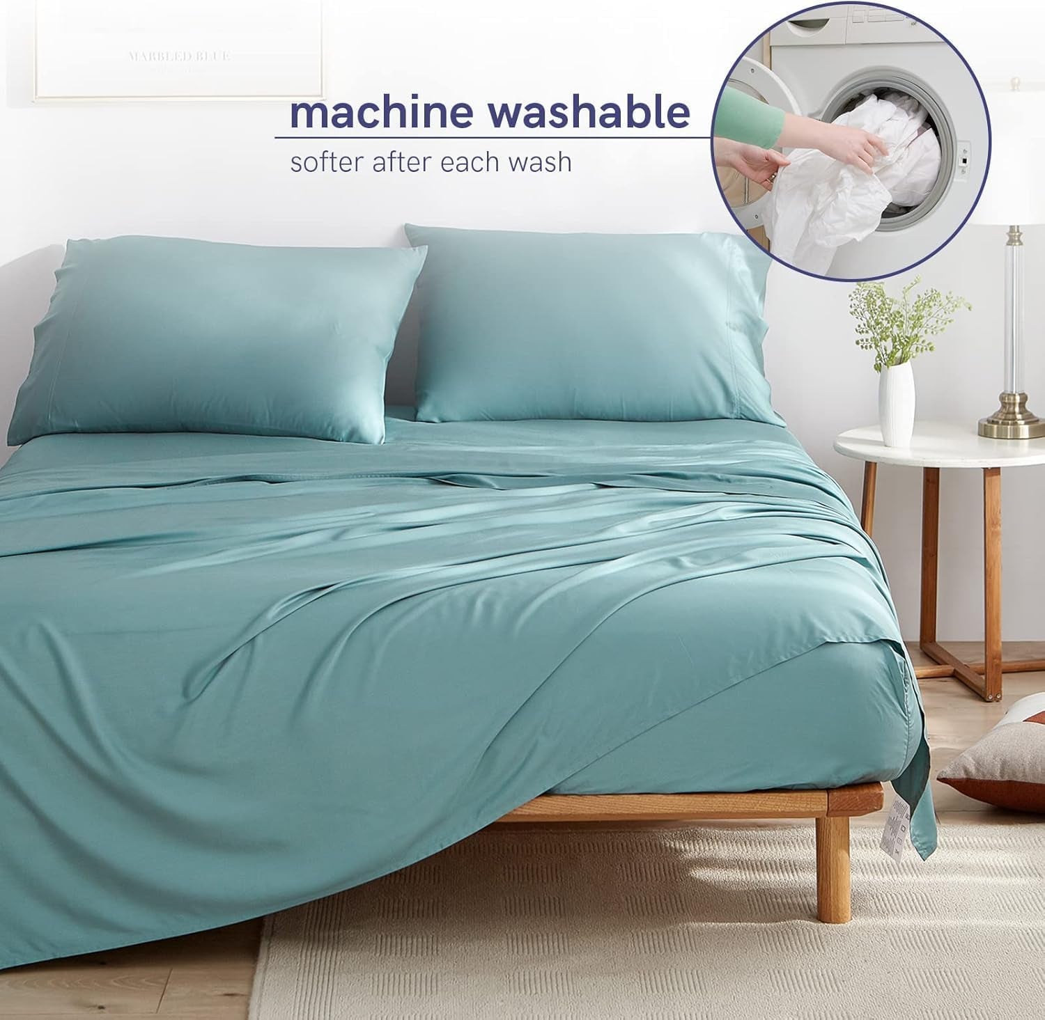 Cooling Bed Sheet Set with 100 Percent Rayon Derived from Bamboo, 400TC Fabric with 2 Pillowcases and Flat Sheet, Deep Pocket Fit 19'', Silky-Soft & Sweat Wicking, 4 Piece (Queen, Sea Grass)